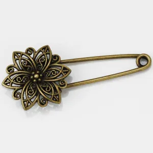 10 Antique Bronze Vintage Flower Brooch Safety Pins brooch pin for Garment Accessories 20x50mm