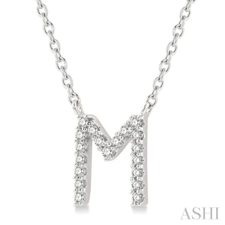 1/20 Ctw Initial 'M' Round Cut Diamond Pendant With Chain in 14K White Gold