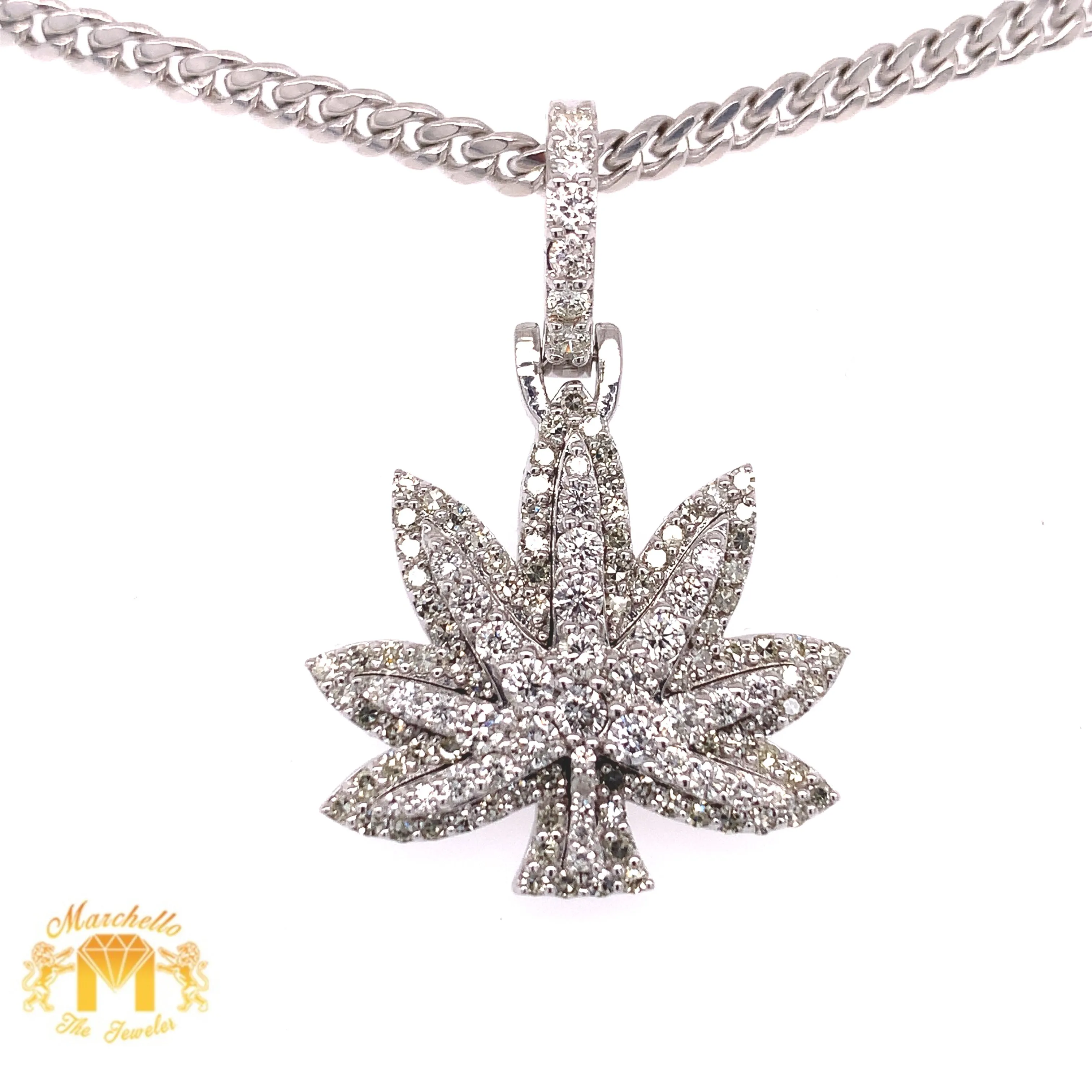 14k Gold Weed Leaf Pendant with Round Diamond and Gold Cuban Link Chain Set (solid back)