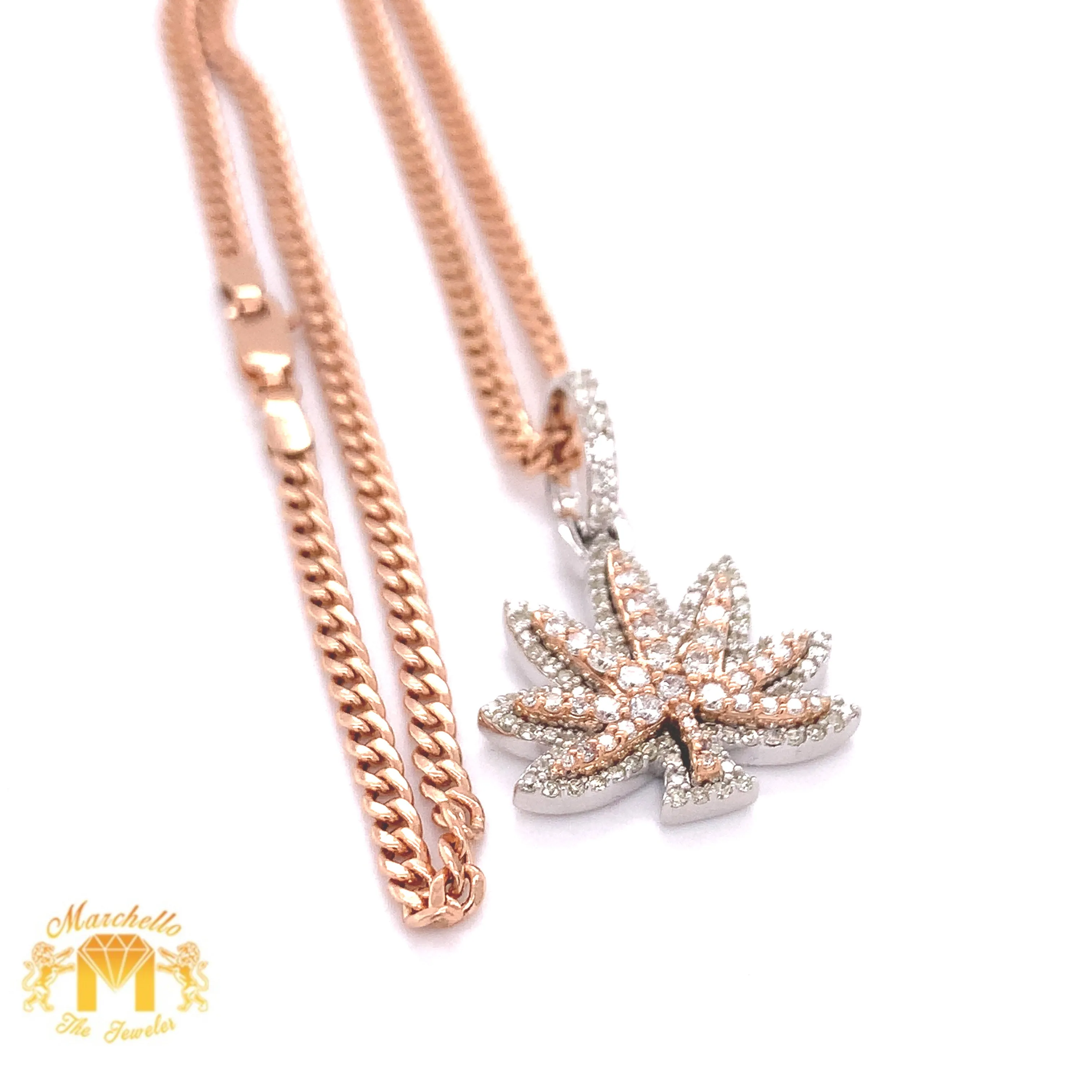 14k Gold Weed Leaf Pendant with Round Diamond and Gold Cuban Link Chain Set (solid back)