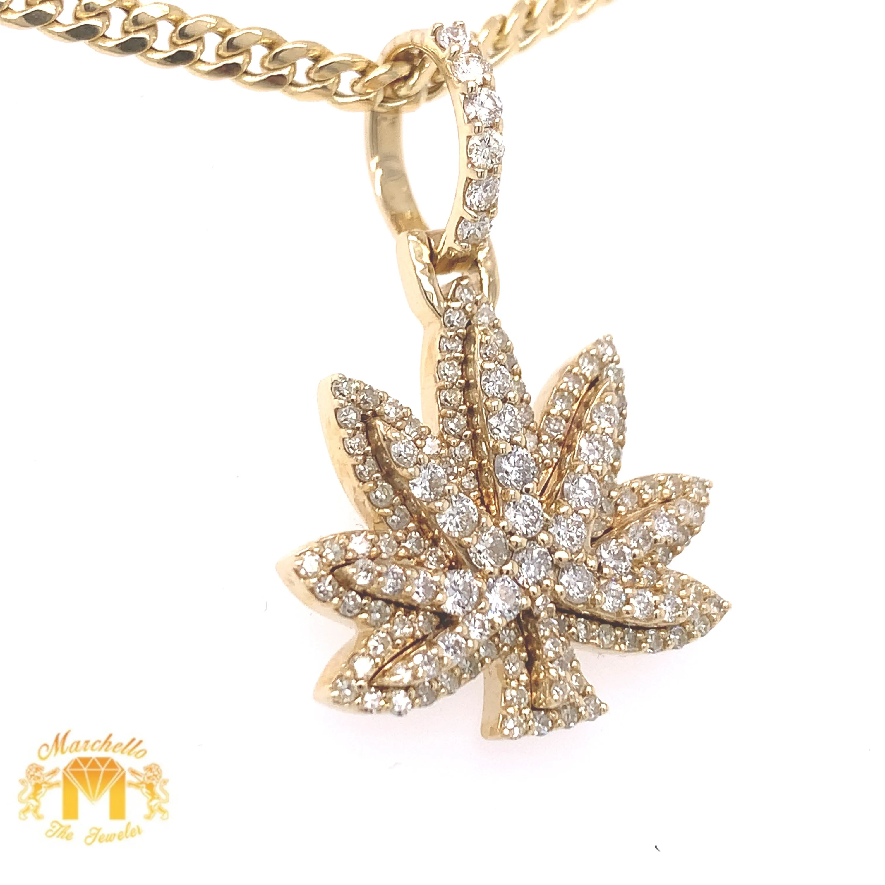 14k Gold Weed Leaf Pendant with Round Diamond and Gold Cuban Link Chain Set (solid back)