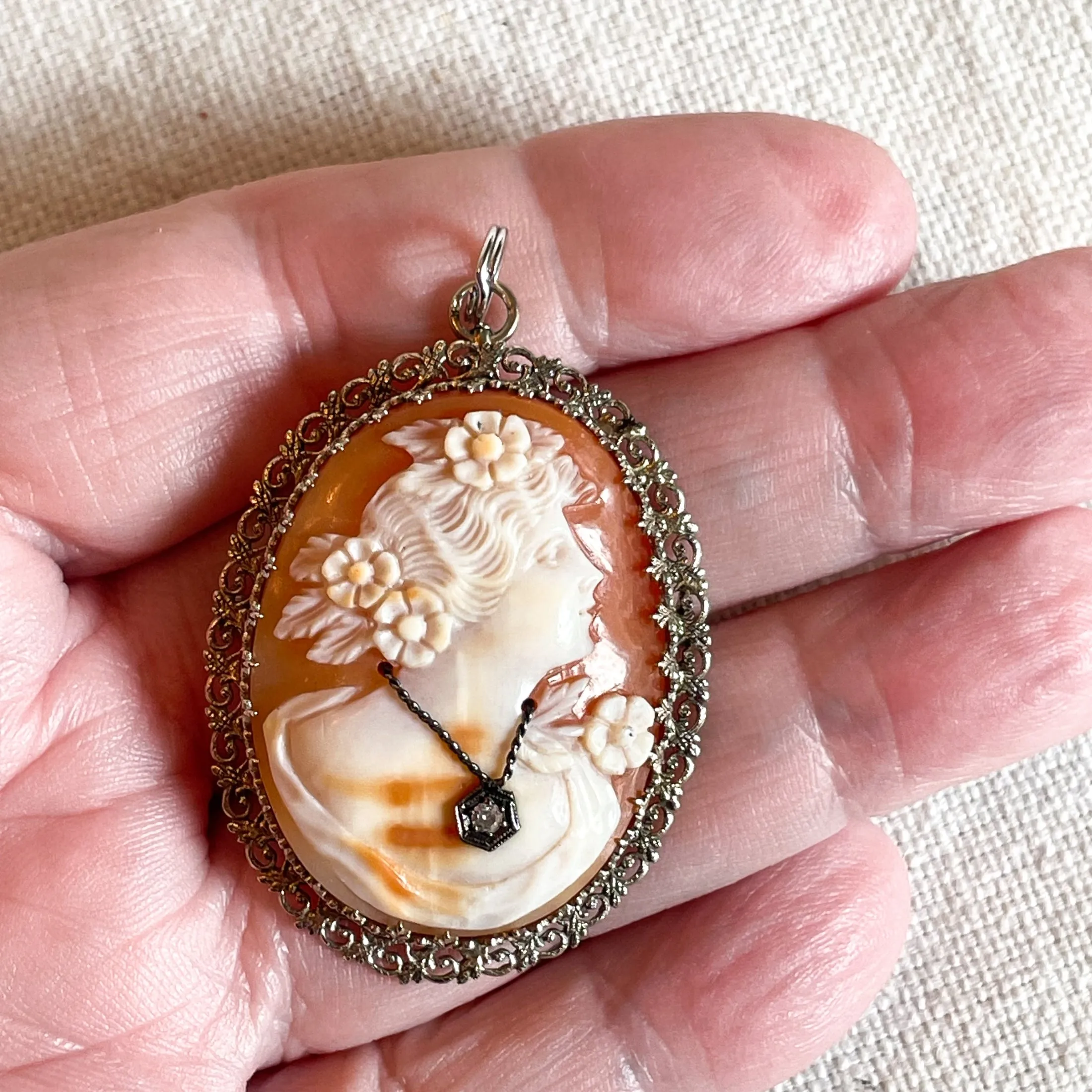 14K White Gold Antique Cameo Pendant/Brooch, Antique Victorian Habille Cameo