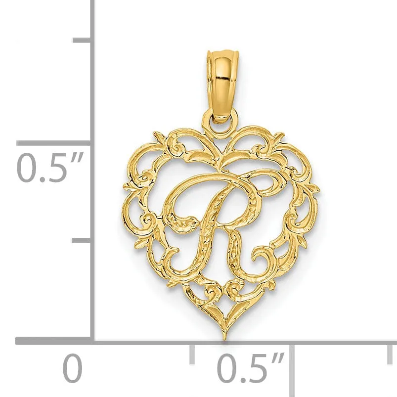 14K Yellow Gold Heart Shape Fancy Script Letter R Initial Charm Pendant