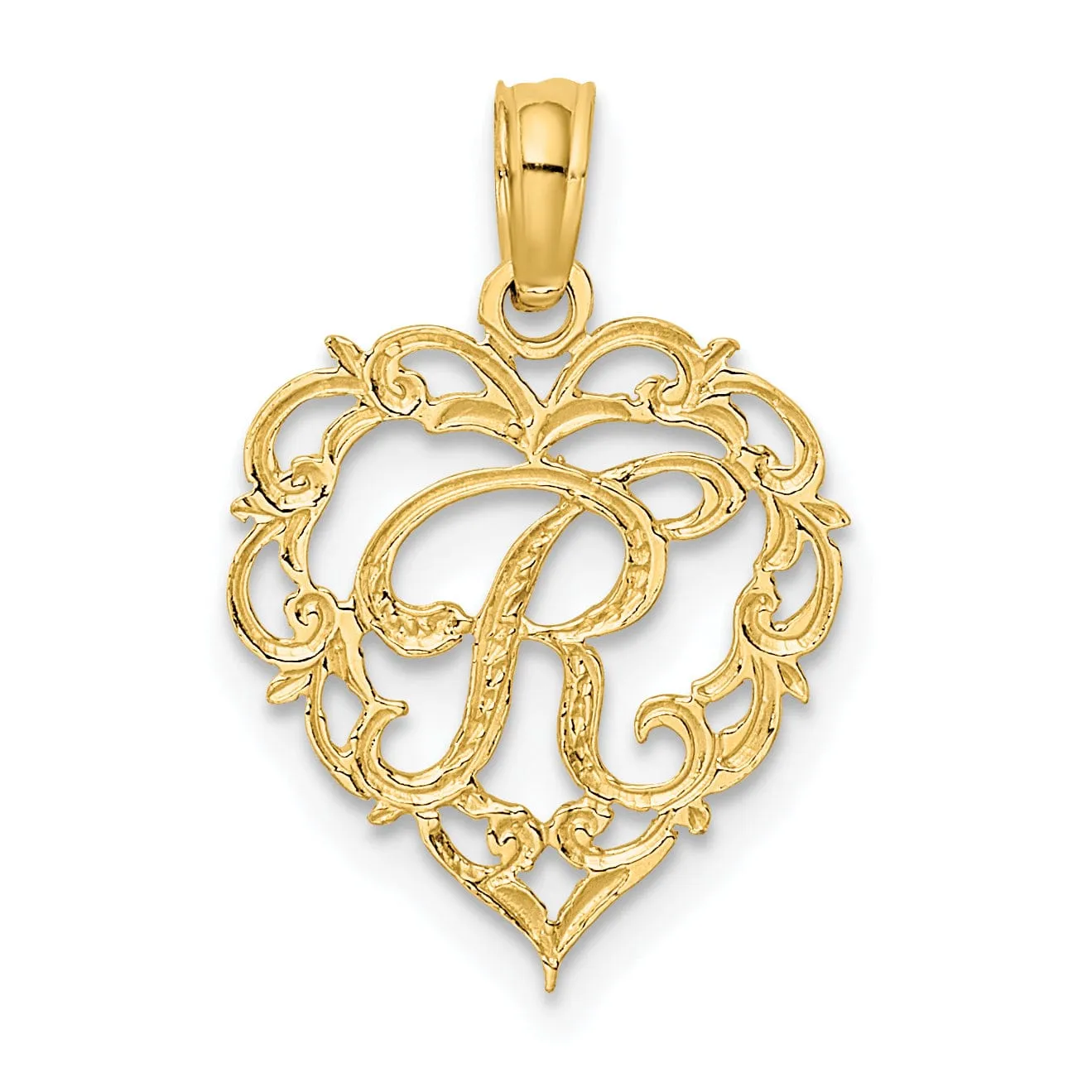 14K Yellow Gold Heart Shape Fancy Script Letter R Initial Charm Pendant