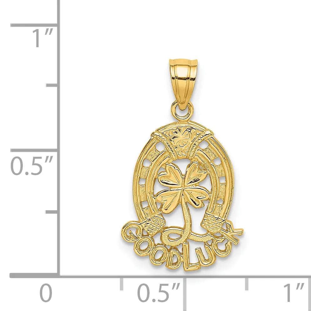 14K Yellow Gold Textured Polished Finish GOOD LUCK Horseshoe Shape and Clover Charm Pendant