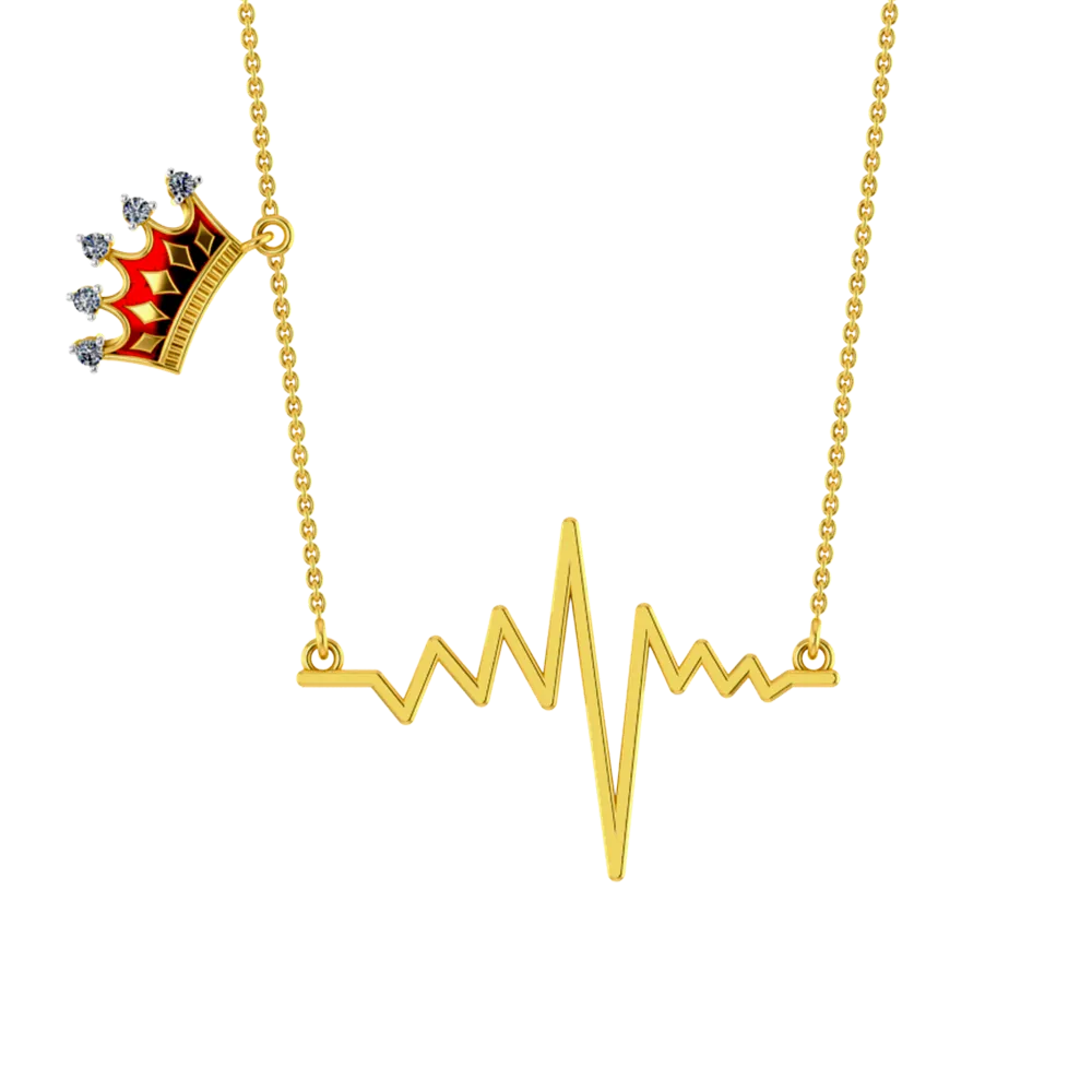 18k Diamond Necklace With A Heartbeat Pendant And A Mini Crown On The Chain