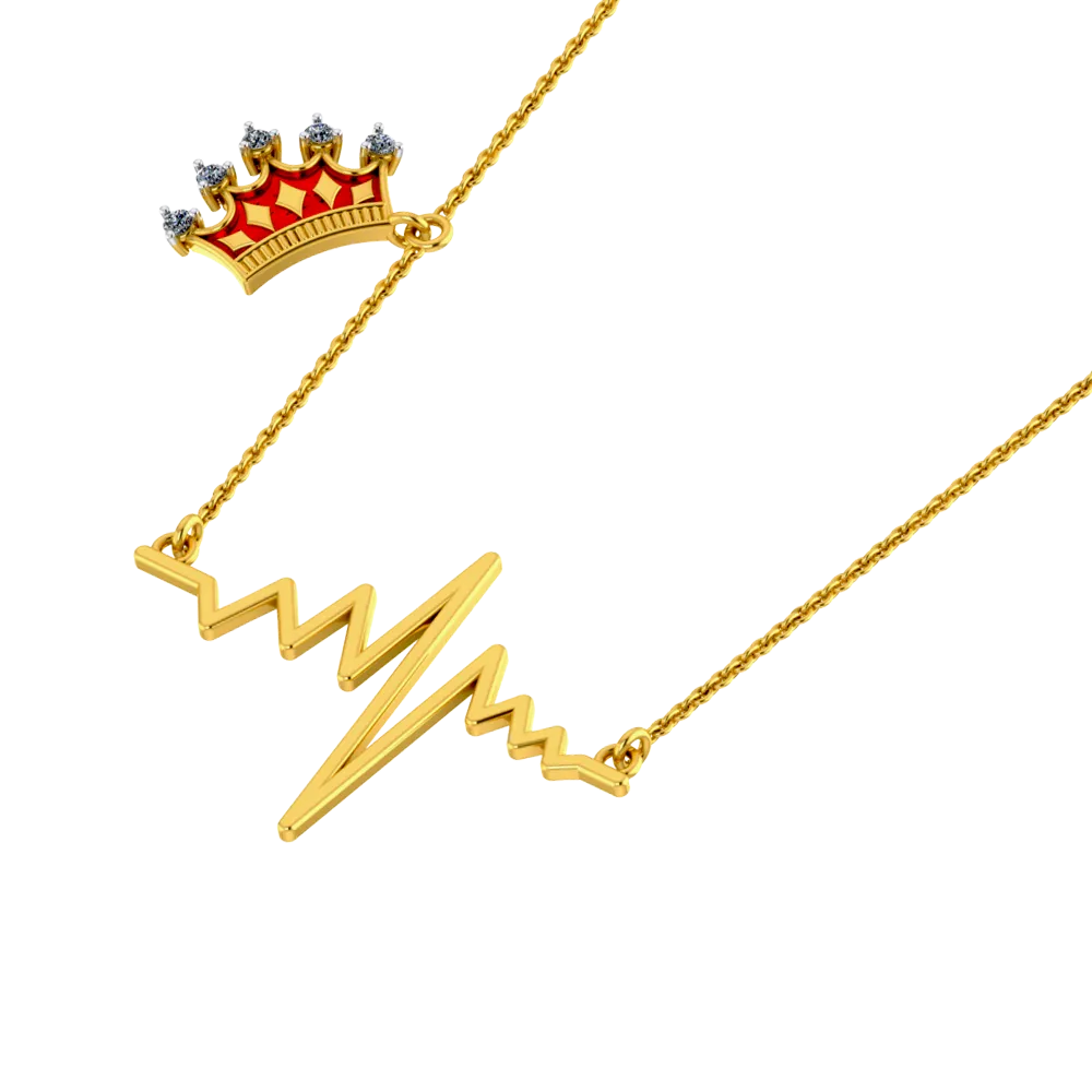 18k Diamond Necklace With A Heartbeat Pendant And A Mini Crown On The Chain