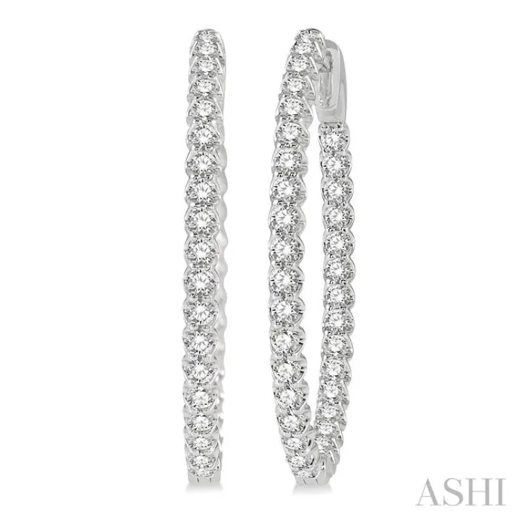 2 ctw Round Cut Diamond In-Out Oval Shape Hoop Earrings in 14K White Gold