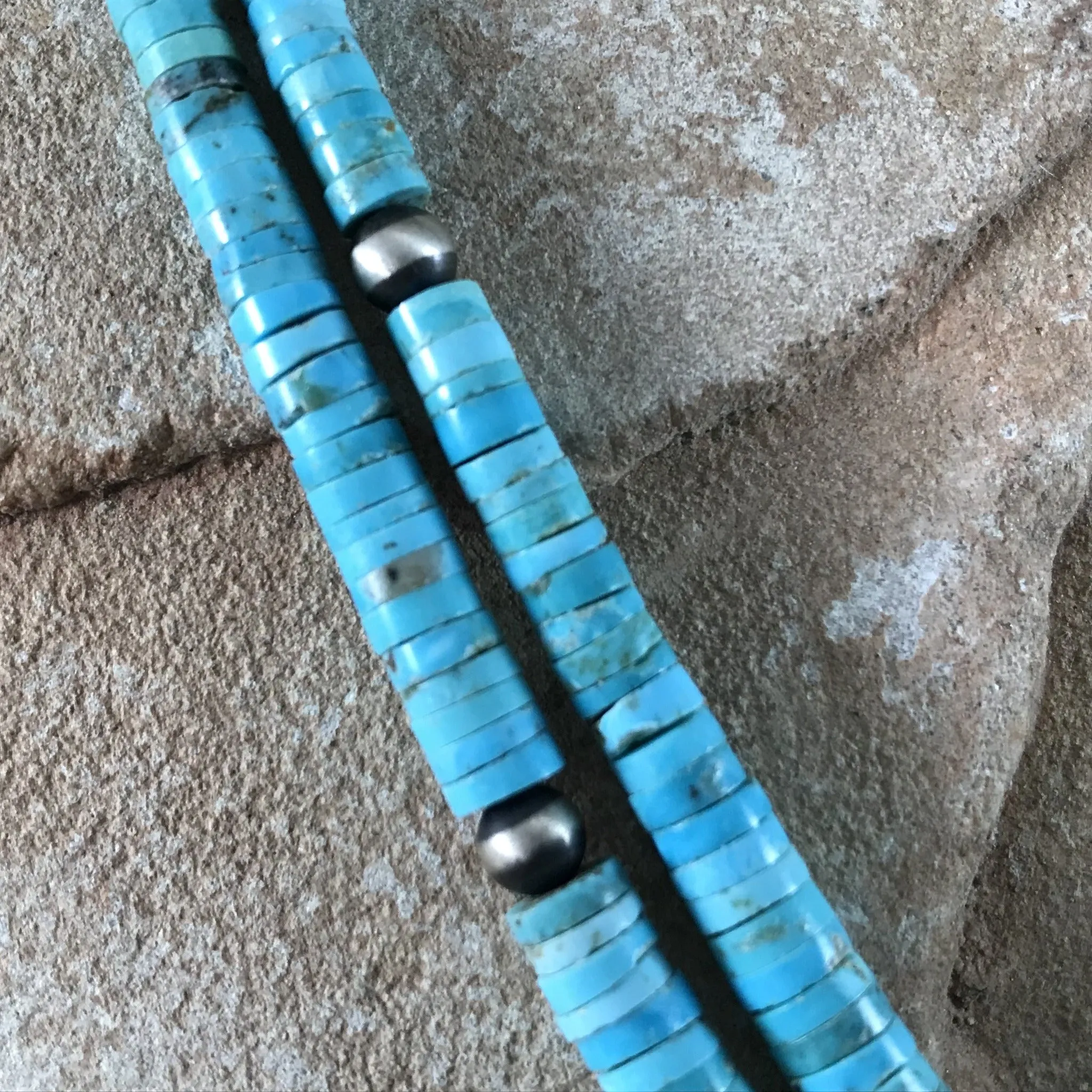 21" Two Strand Kingman Turquoise Sterling Silver Beaded Necklace by Daniel Coriz