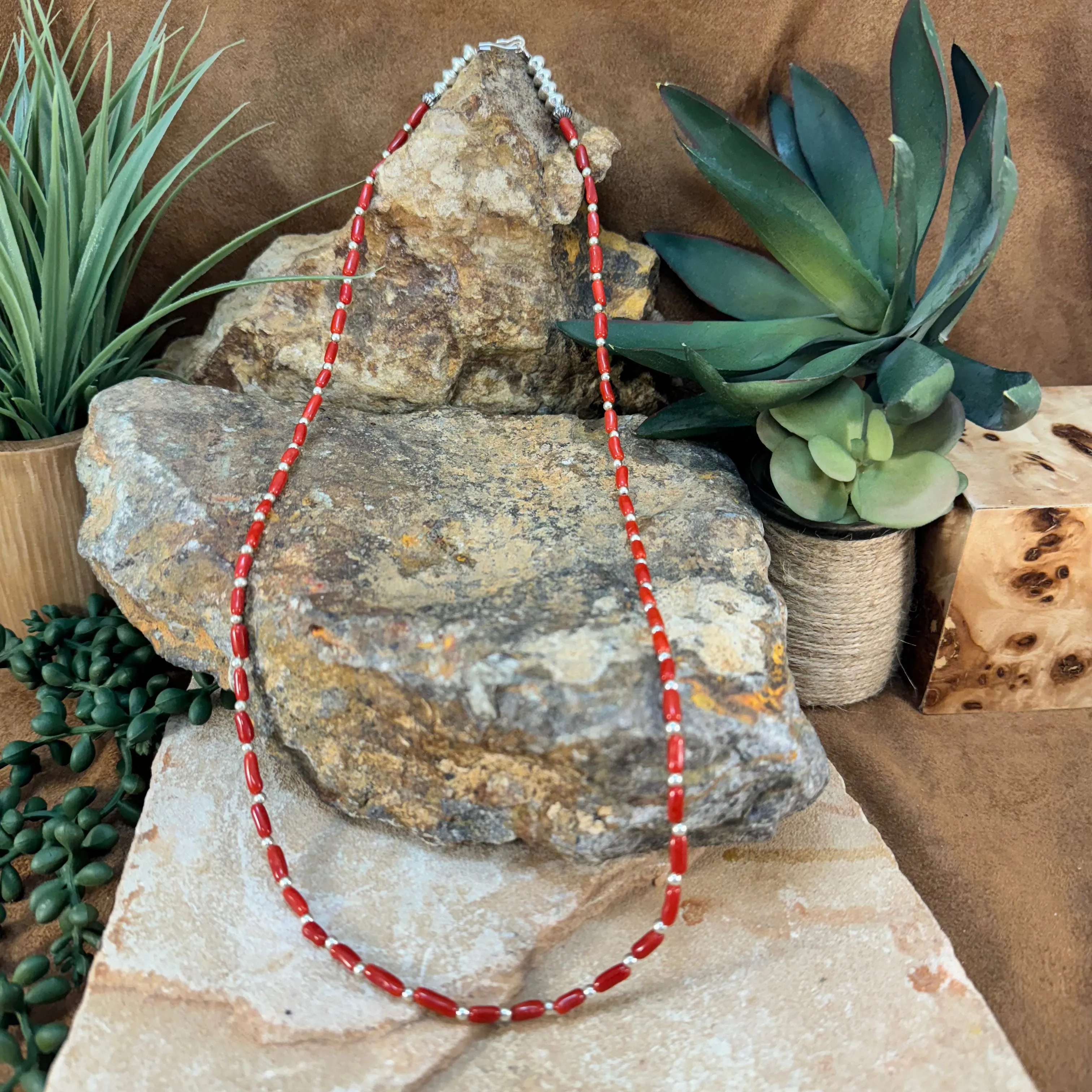 26" Sterling Silver & Red Coral Strand Necklace by Leonard Nez