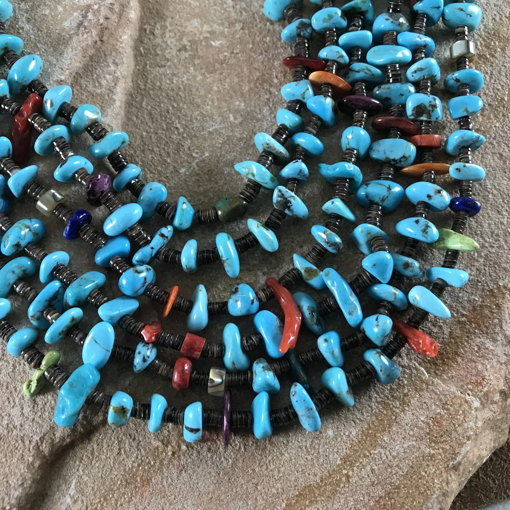 29" Six Strand Kingman Turquoise, Spiny, Lapis Beaded Necklace by Daniel Coriz