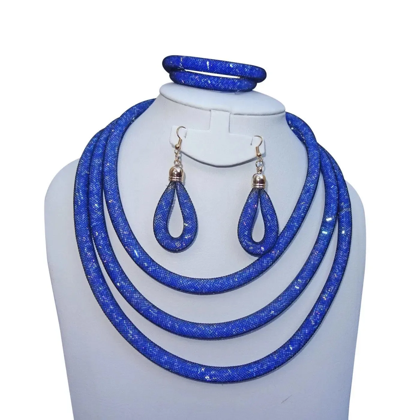 3 layers Blue resin stardust mesh full clear crystal alloy rope jewellery set for women