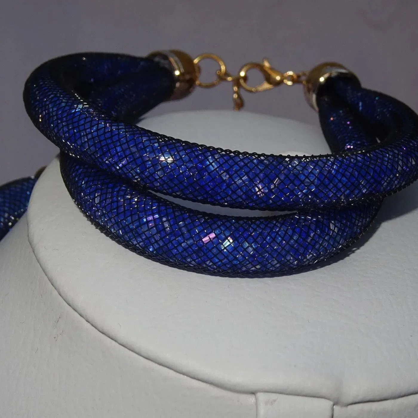 3 layers Blue resin stardust mesh full clear crystal alloy rope jewellery set for women