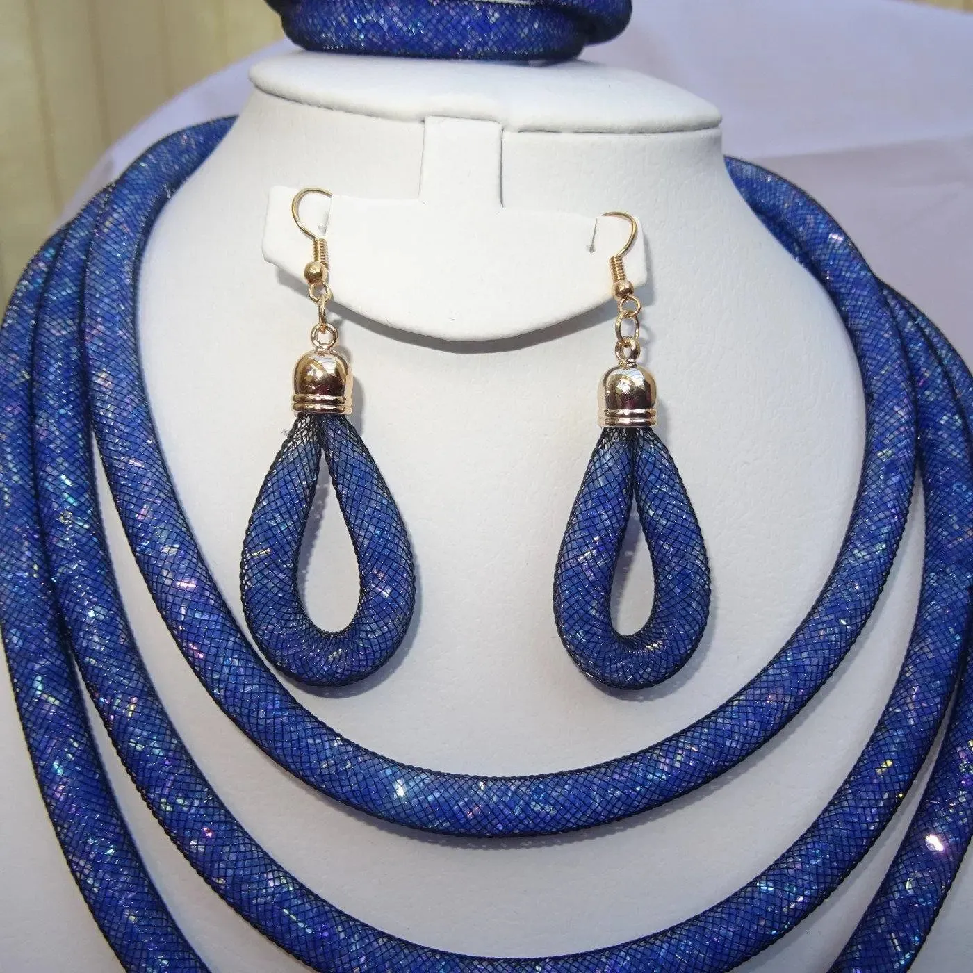 3 layers Blue resin stardust mesh full clear crystal alloy rope jewellery set for women