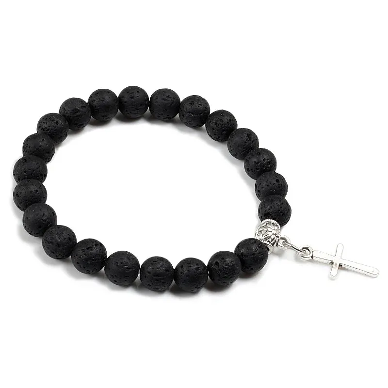 8mm Natural Lava Stone Bead Chain Alloy Cross Pendant Prayer Jesus Bracelet Bangles For Men Women Jewelry Gift Handmade Pulseira