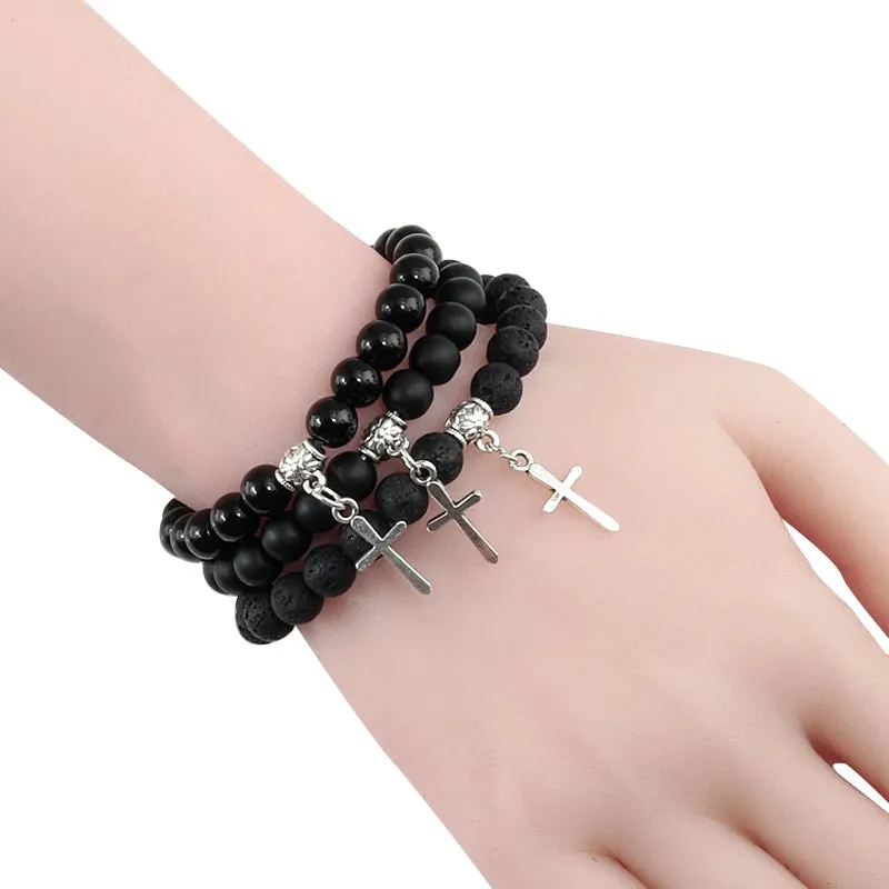 8mm Natural Lava Stone Bead Chain Alloy Cross Pendant Prayer Jesus Bracelet Bangles For Men Women Jewelry Gift Handmade Pulseira