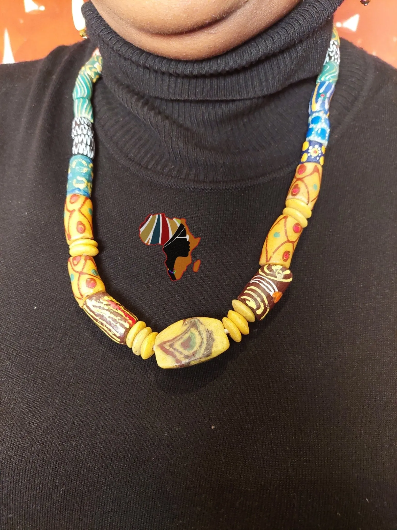 African Trade Beads Statement Necklace