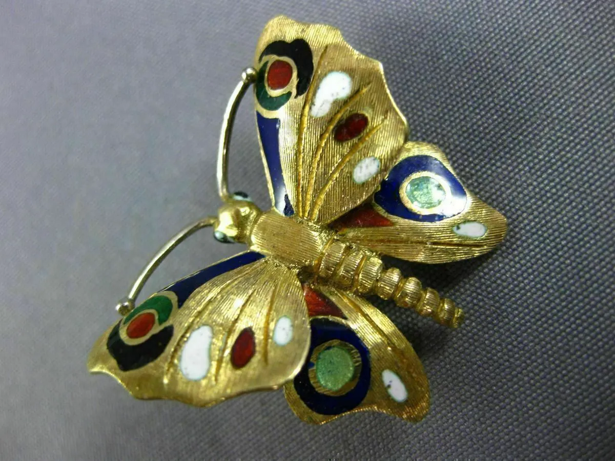 ANTIQUE 14KT YELLOW GOLD 3D MULTI COLOR ENAMEL HANDCRAFTED BUTTERFLY BROOCH PIN