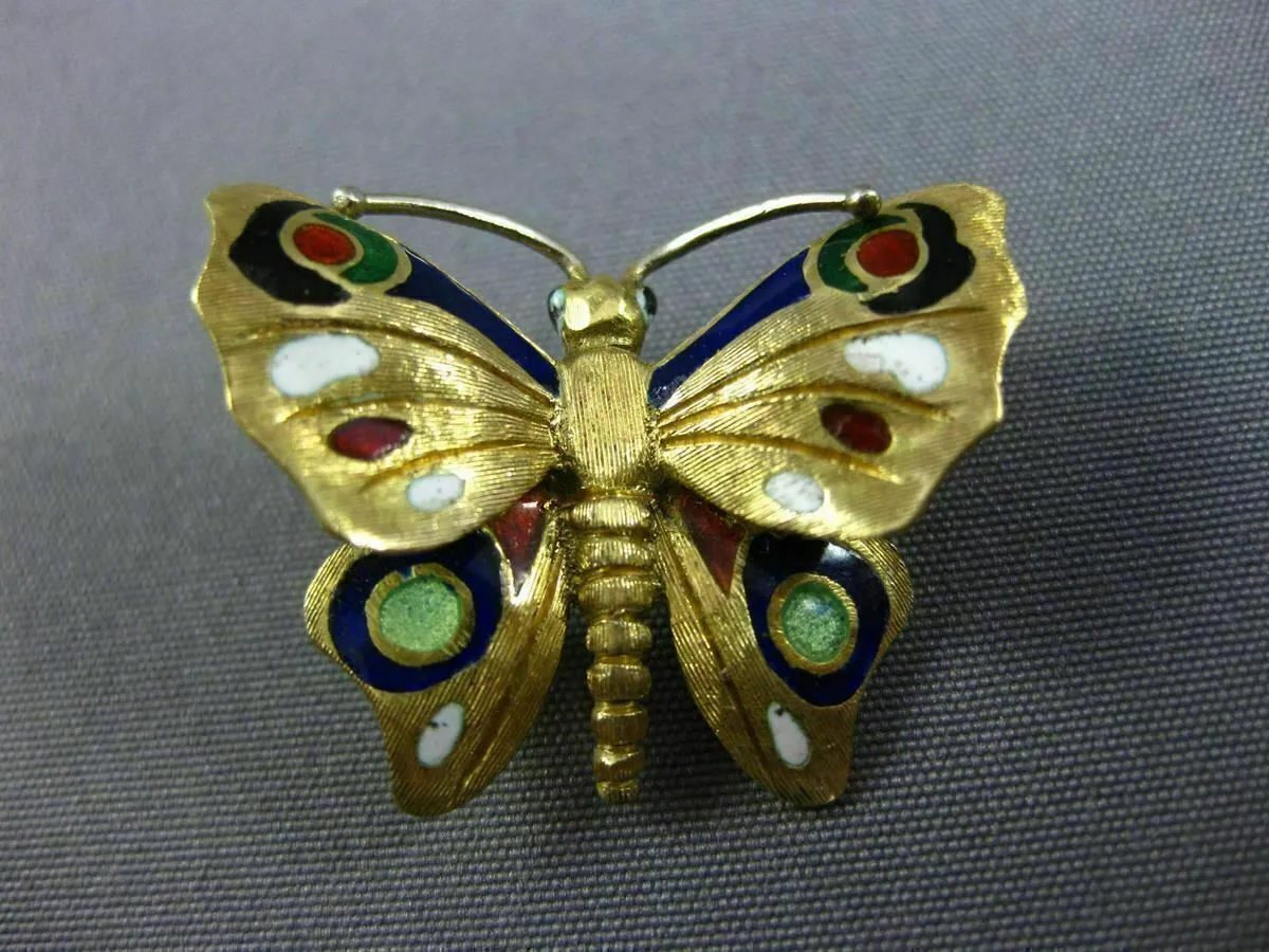 ANTIQUE 14KT YELLOW GOLD 3D MULTI COLOR ENAMEL HANDCRAFTED BUTTERFLY BROOCH PIN