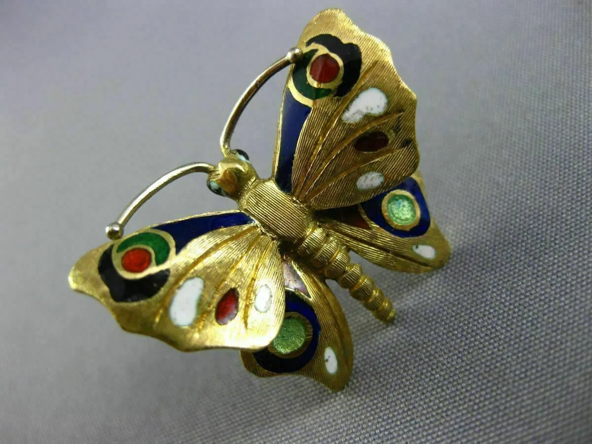 ANTIQUE 14KT YELLOW GOLD 3D MULTI COLOR ENAMEL HANDCRAFTED BUTTERFLY BROOCH PIN