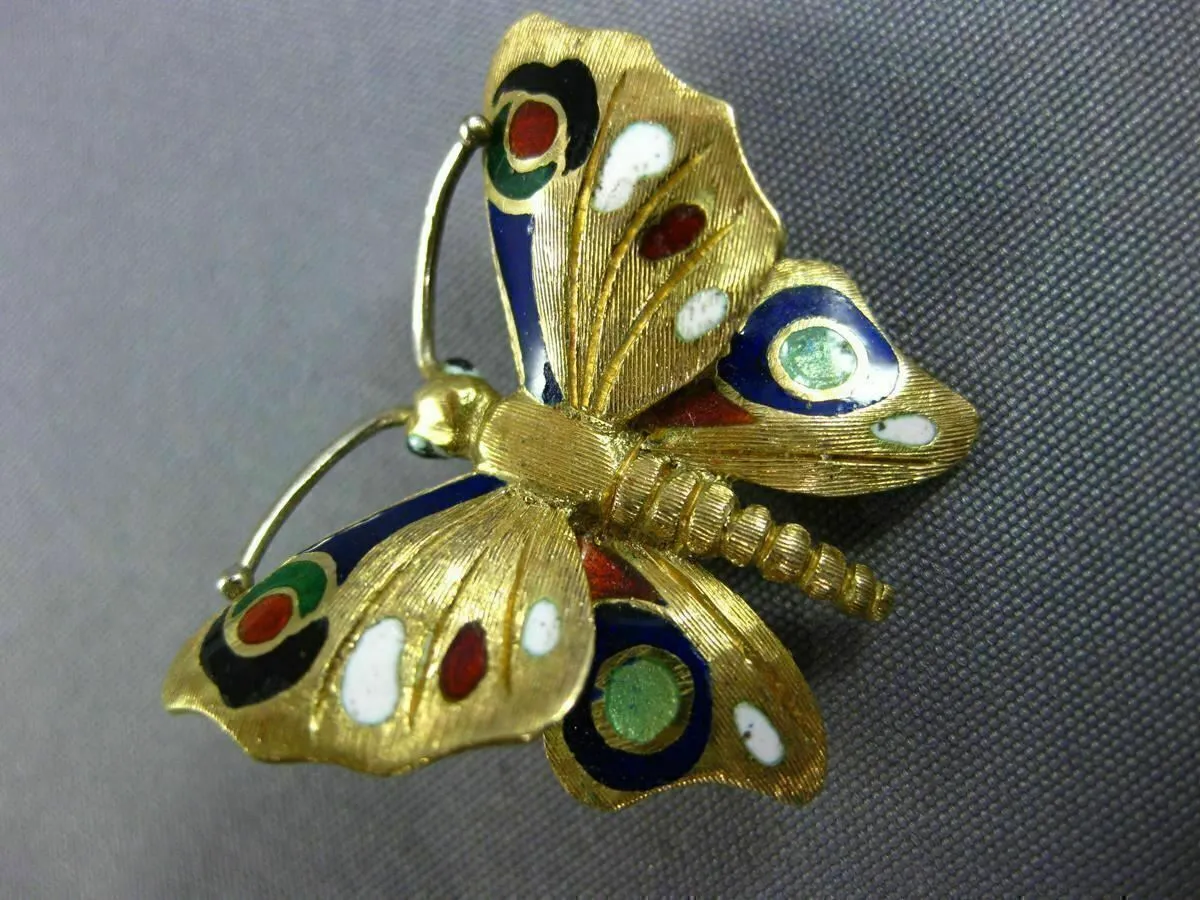 ANTIQUE 14KT YELLOW GOLD 3D MULTI COLOR ENAMEL HANDCRAFTED BUTTERFLY BROOCH PIN