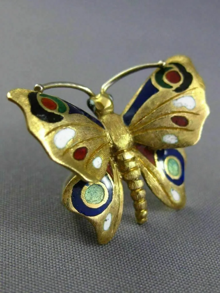 ANTIQUE 14KT YELLOW GOLD 3D MULTI COLOR ENAMEL HANDCRAFTED BUTTERFLY BROOCH PIN