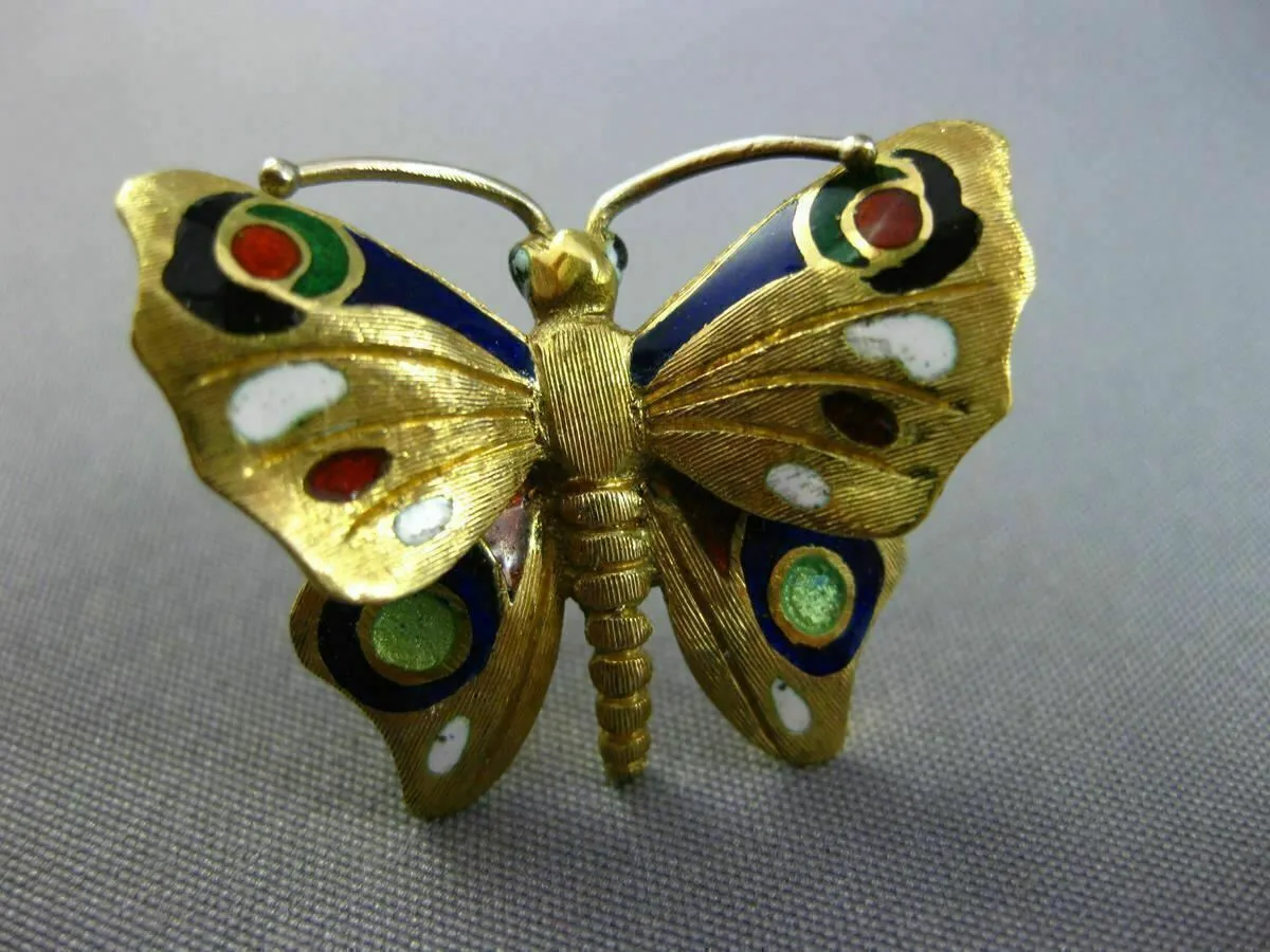 ANTIQUE 14KT YELLOW GOLD 3D MULTI COLOR ENAMEL HANDCRAFTED BUTTERFLY BROOCH PIN