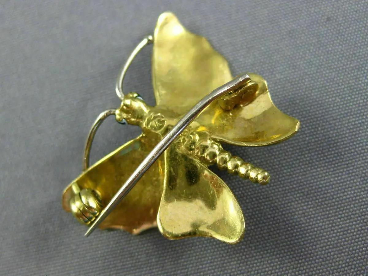 ANTIQUE 14KT YELLOW GOLD 3D MULTI COLOR ENAMEL HANDCRAFTED BUTTERFLY BROOCH PIN