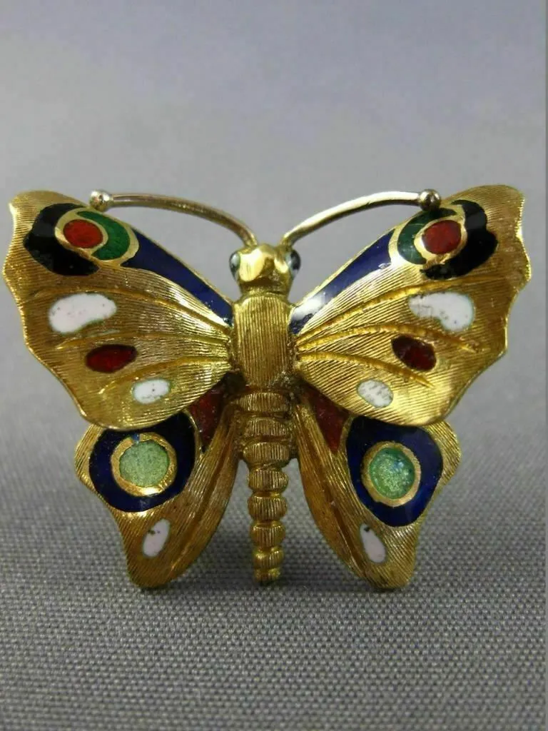 ANTIQUE 14KT YELLOW GOLD 3D MULTI COLOR ENAMEL HANDCRAFTED BUTTERFLY BROOCH PIN