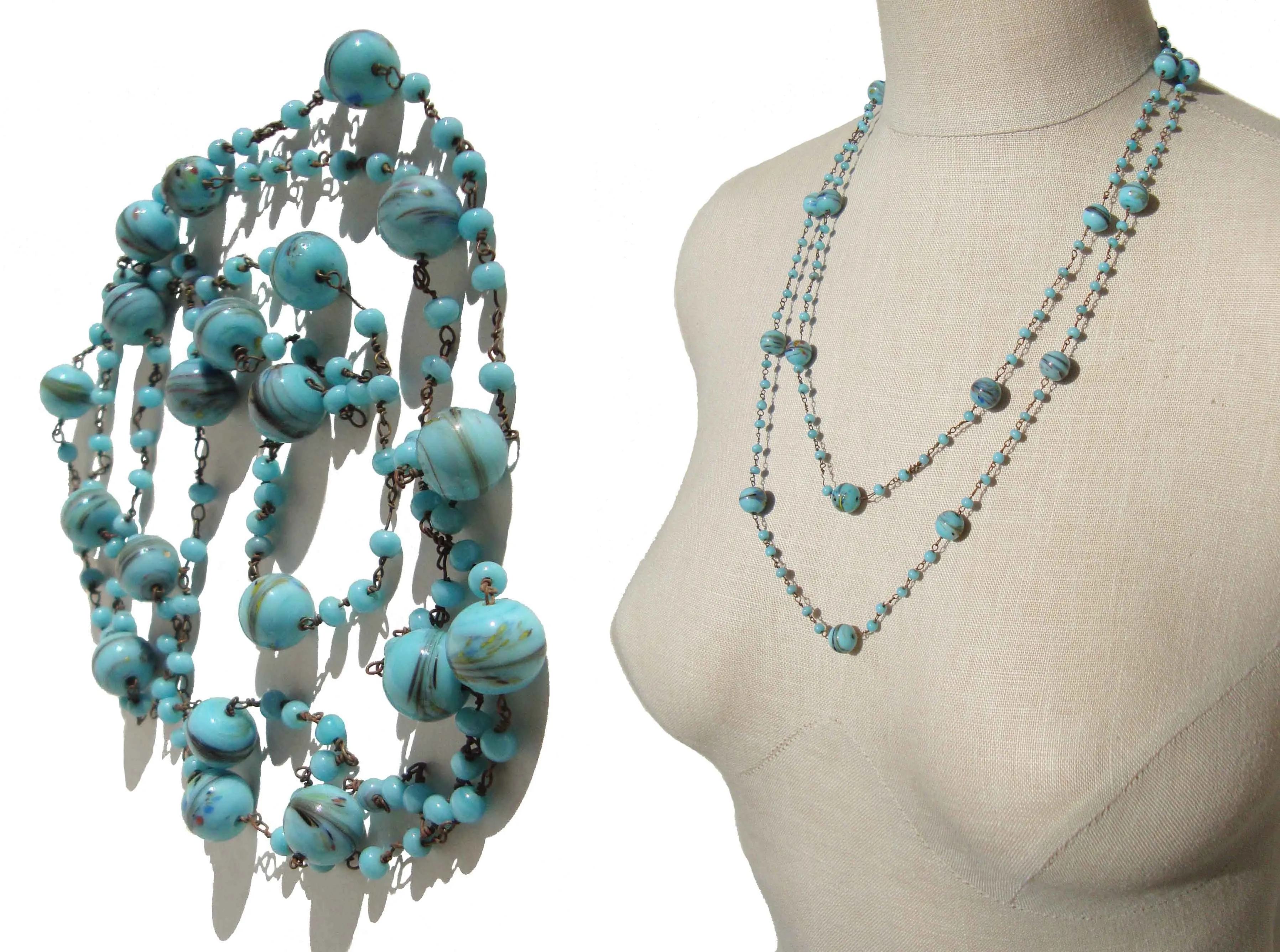 Antique Beaded Flapper Necklace Bohemian Turquoise Beads