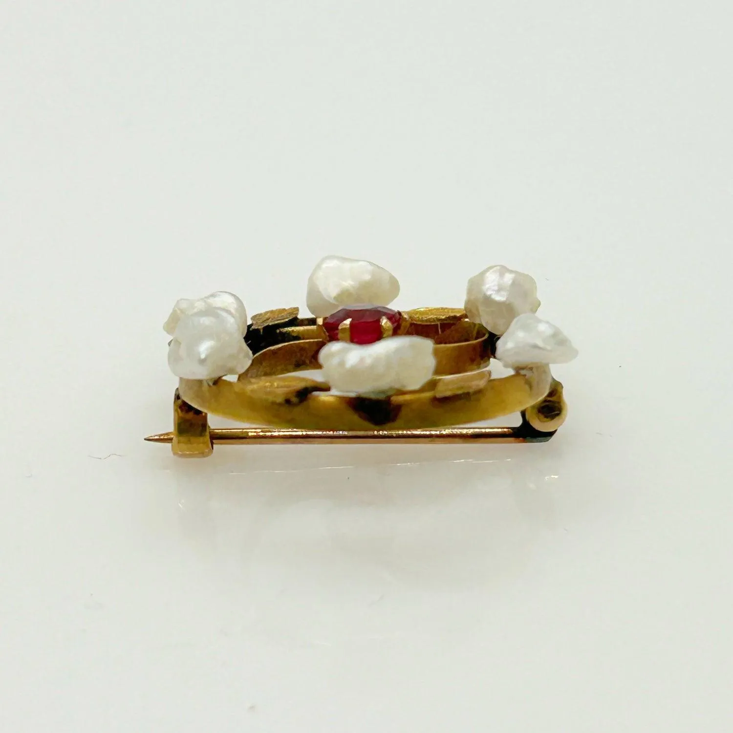 Antique Circle Brooch with Red Stone and Seed Pearls