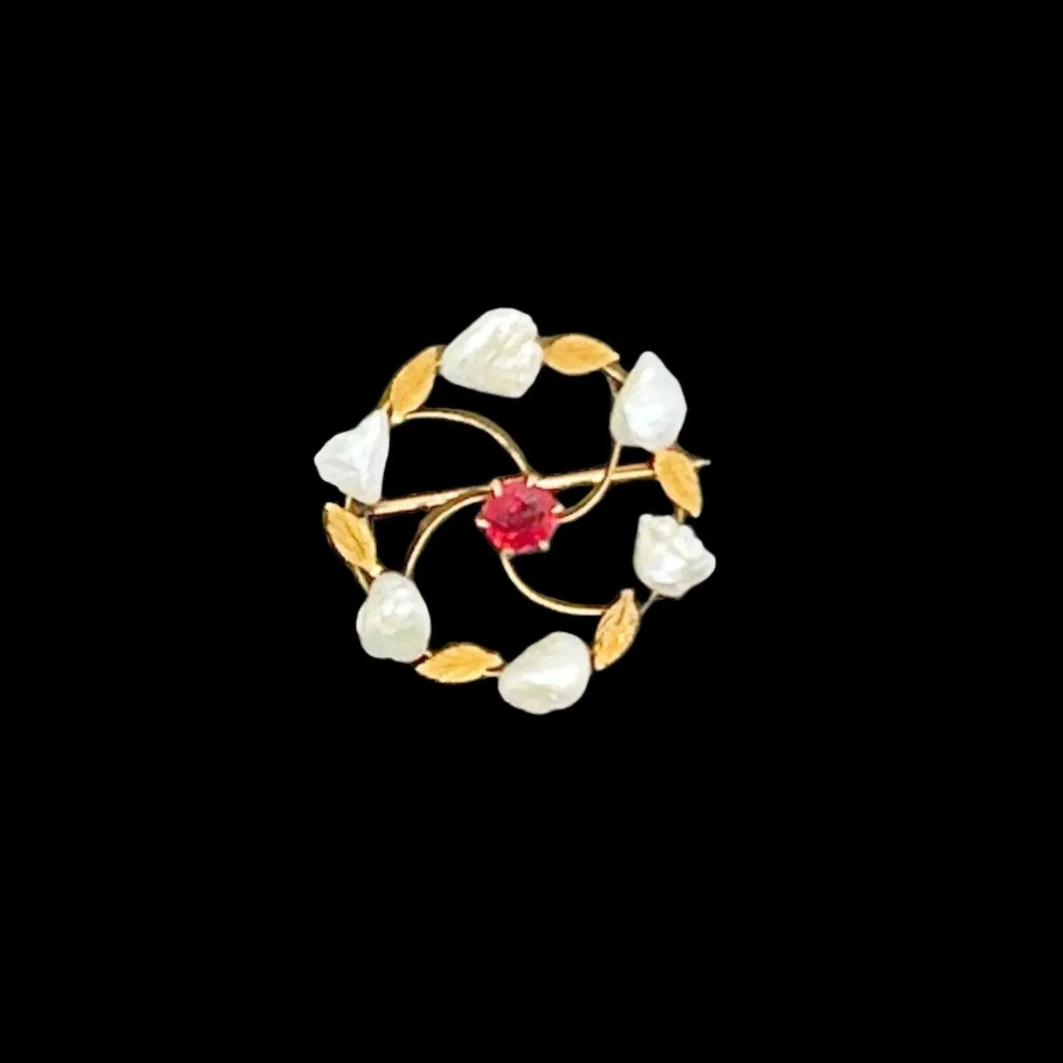 Antique Circle Brooch with Red Stone and Seed Pearls