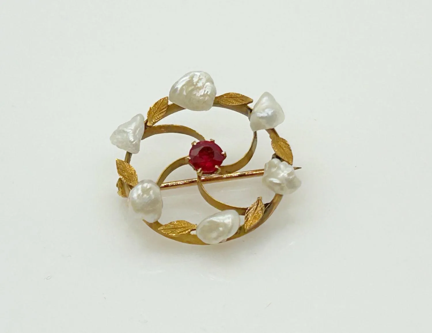 Antique Circle Brooch with Red Stone and Seed Pearls