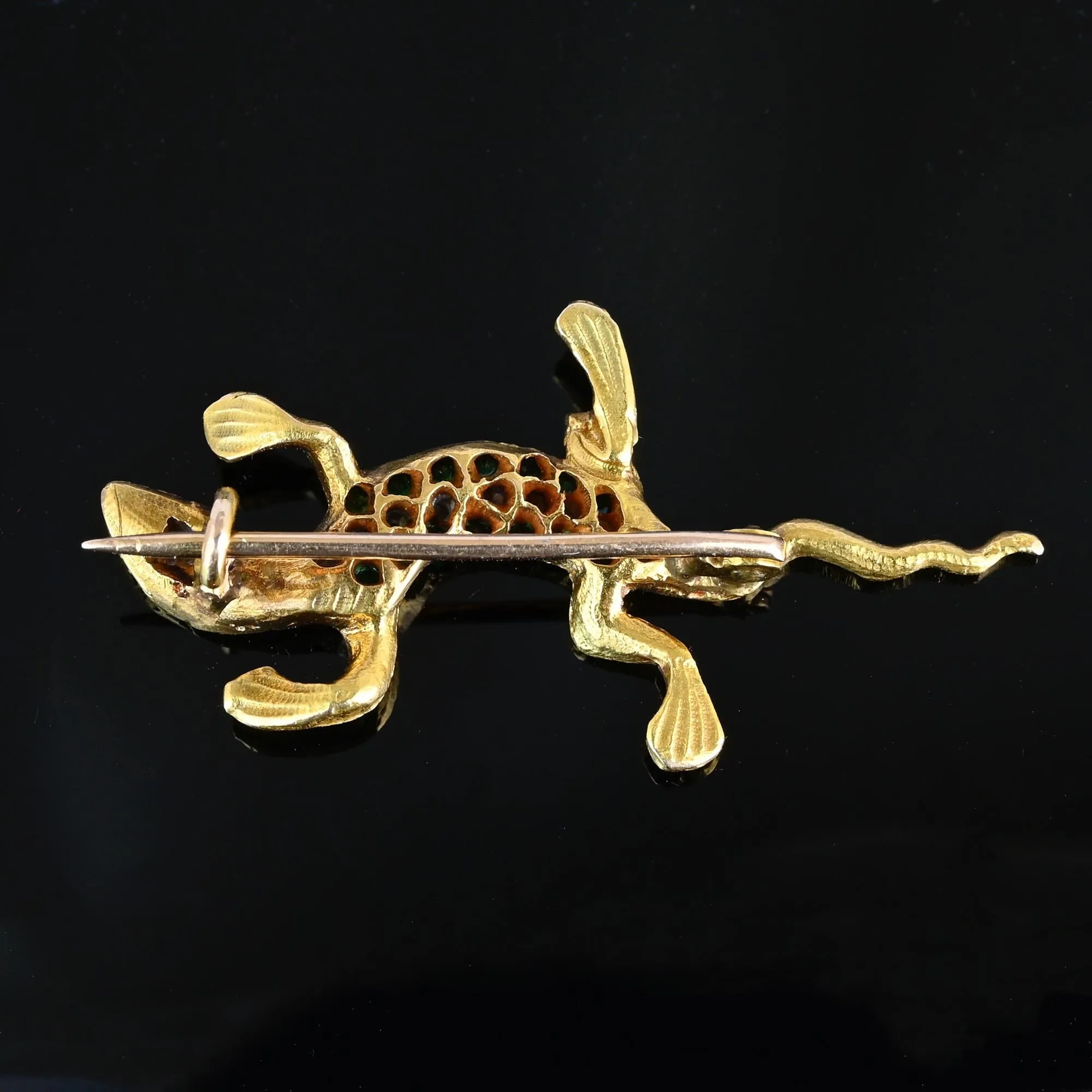 Antique Emerald & Rose Cut Diamond Salamander Brooch in 14K Gold