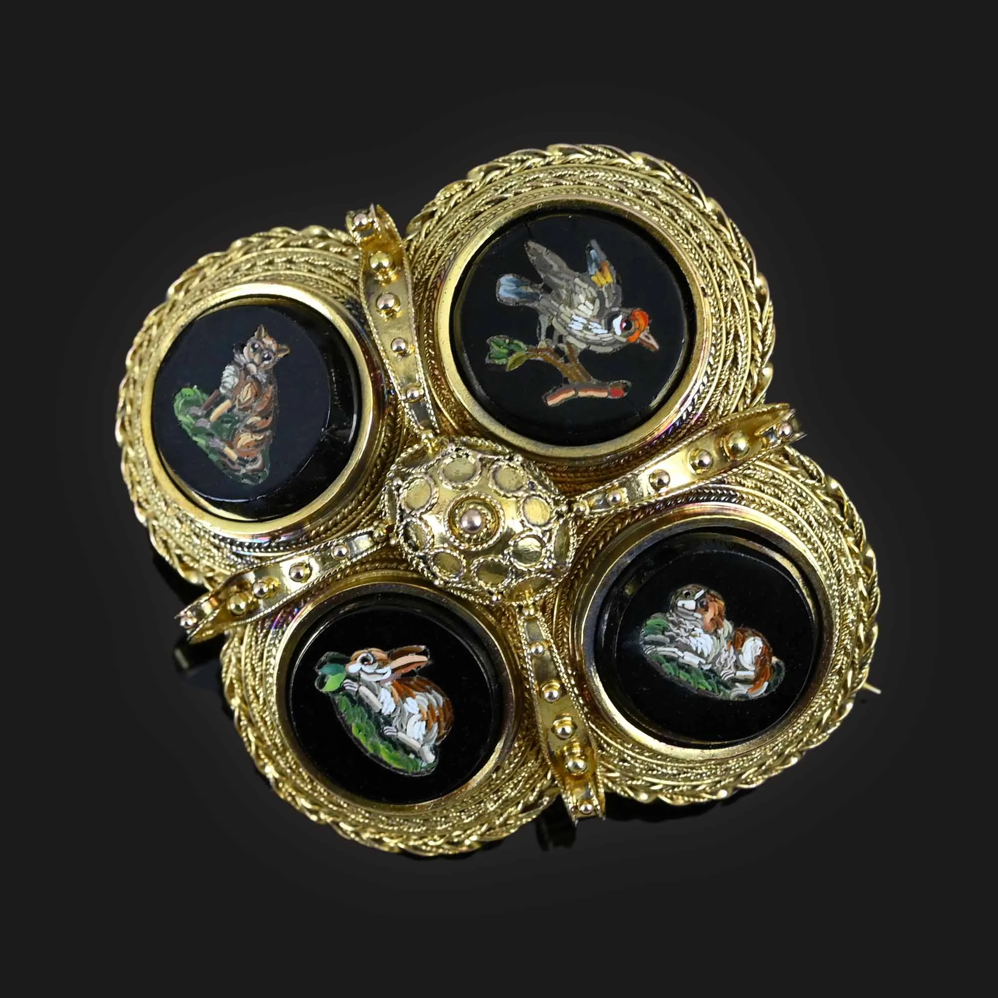 Antique Etruscan Micro Mosaic Animal Brooch in 14K Gold