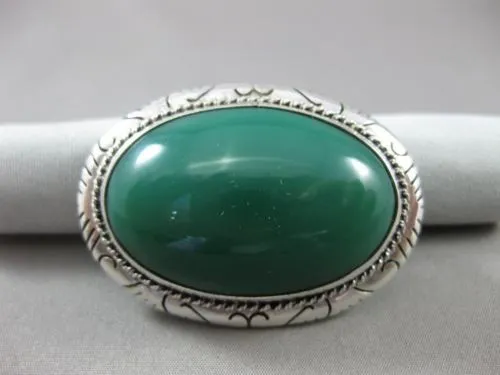 ANTIQUE EXTRA LARGE 925 SILVER HANDCRAFTED AAA GREEN ONYX FILIGREE BROOCH #22806