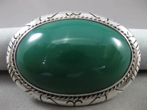 ANTIQUE EXTRA LARGE 925 SILVER HANDCRAFTED AAA GREEN ONYX FILIGREE BROOCH #22806