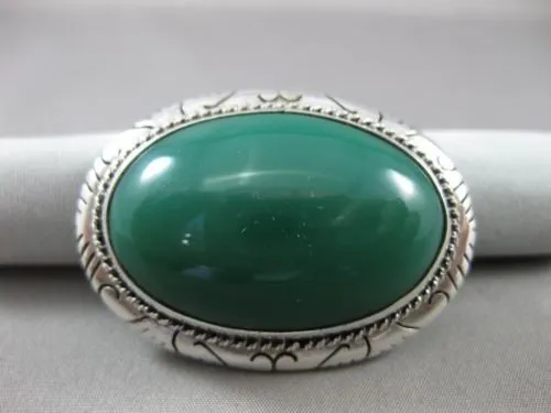 ANTIQUE EXTRA LARGE 925 SILVER HANDCRAFTED AAA GREEN ONYX FILIGREE BROOCH #22806