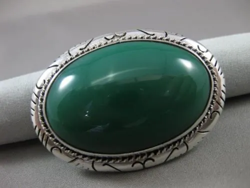 ANTIQUE EXTRA LARGE 925 SILVER HANDCRAFTED AAA GREEN ONYX FILIGREE BROOCH #22806