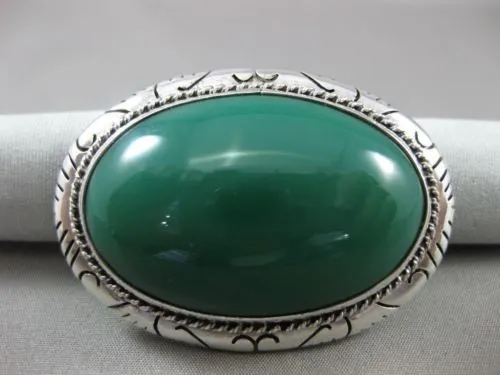 ANTIQUE EXTRA LARGE 925 SILVER HANDCRAFTED AAA GREEN ONYX FILIGREE BROOCH #22806