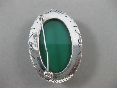 ANTIQUE EXTRA LARGE 925 SILVER HANDCRAFTED AAA GREEN ONYX FILIGREE BROOCH #22806