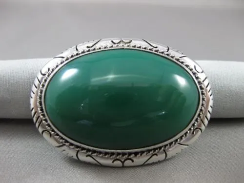 ANTIQUE EXTRA LARGE 925 SILVER HANDCRAFTED AAA GREEN ONYX FILIGREE BROOCH #22806