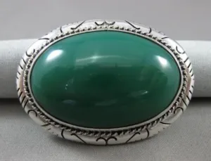 ANTIQUE EXTRA LARGE 925 SILVER HANDCRAFTED AAA GREEN ONYX FILIGREE BROOCH #22806