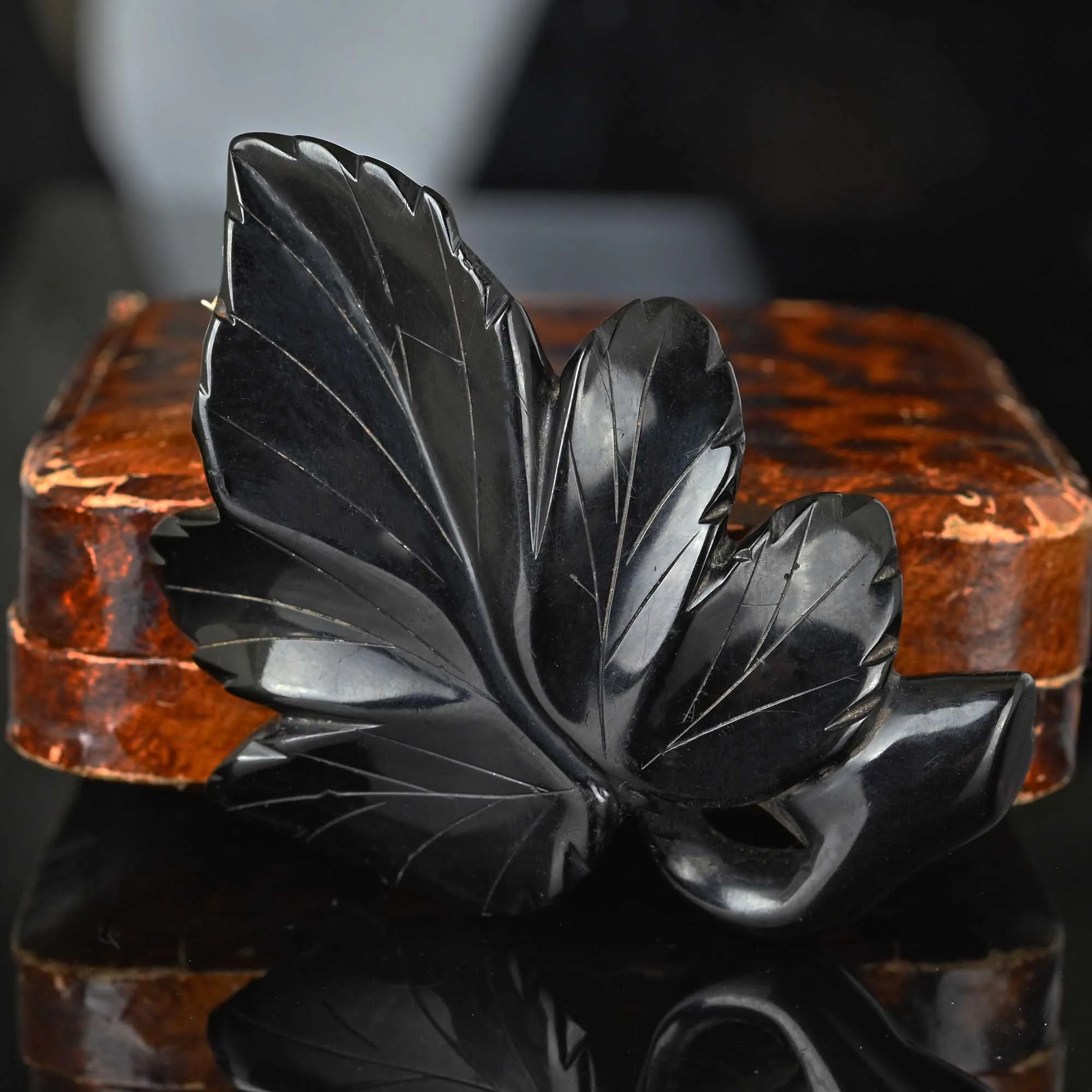 Antique Large Carved Whitby Jet Ivy Leaf Brooch