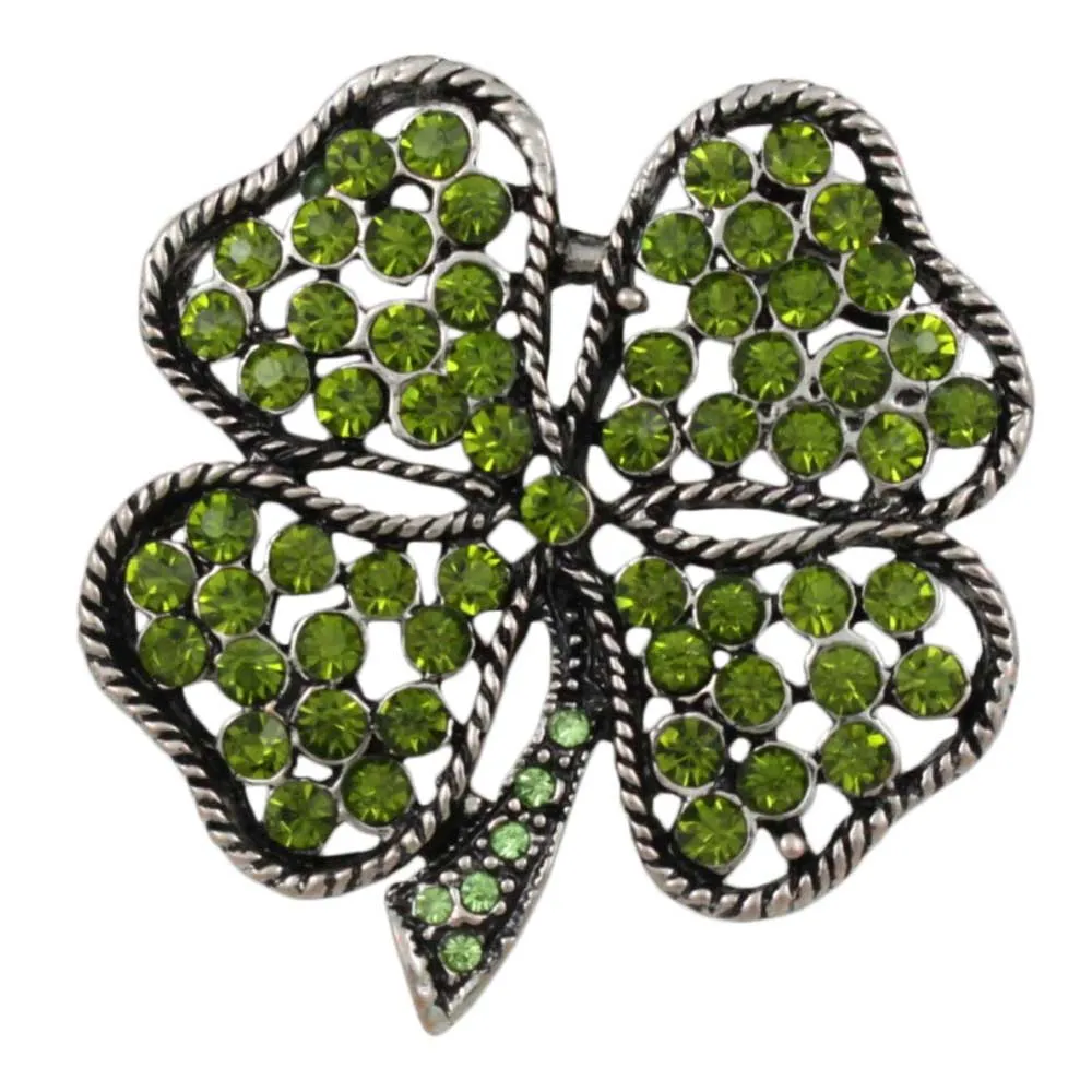 Antique Light Olive Green Crystal 4 Leaf Clover Brooch Pin - PRL044