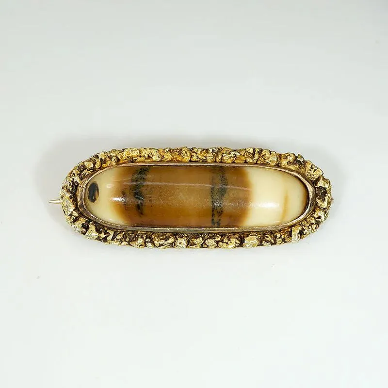 Antique Petrified Mastodon Tusk & Gold Nugget Brooch