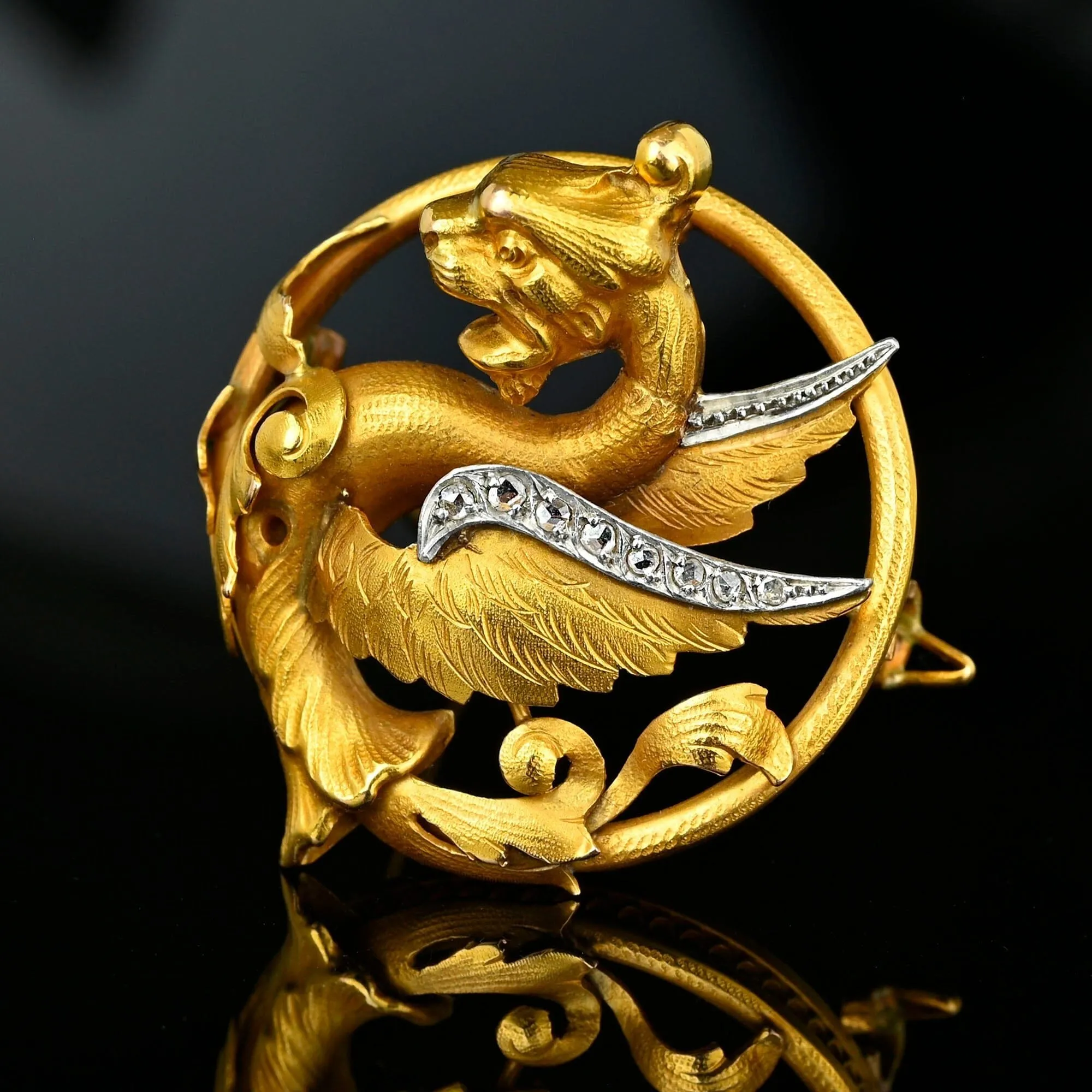 Antique Rose Cut Diamond 18K Gold Griffin Brooch