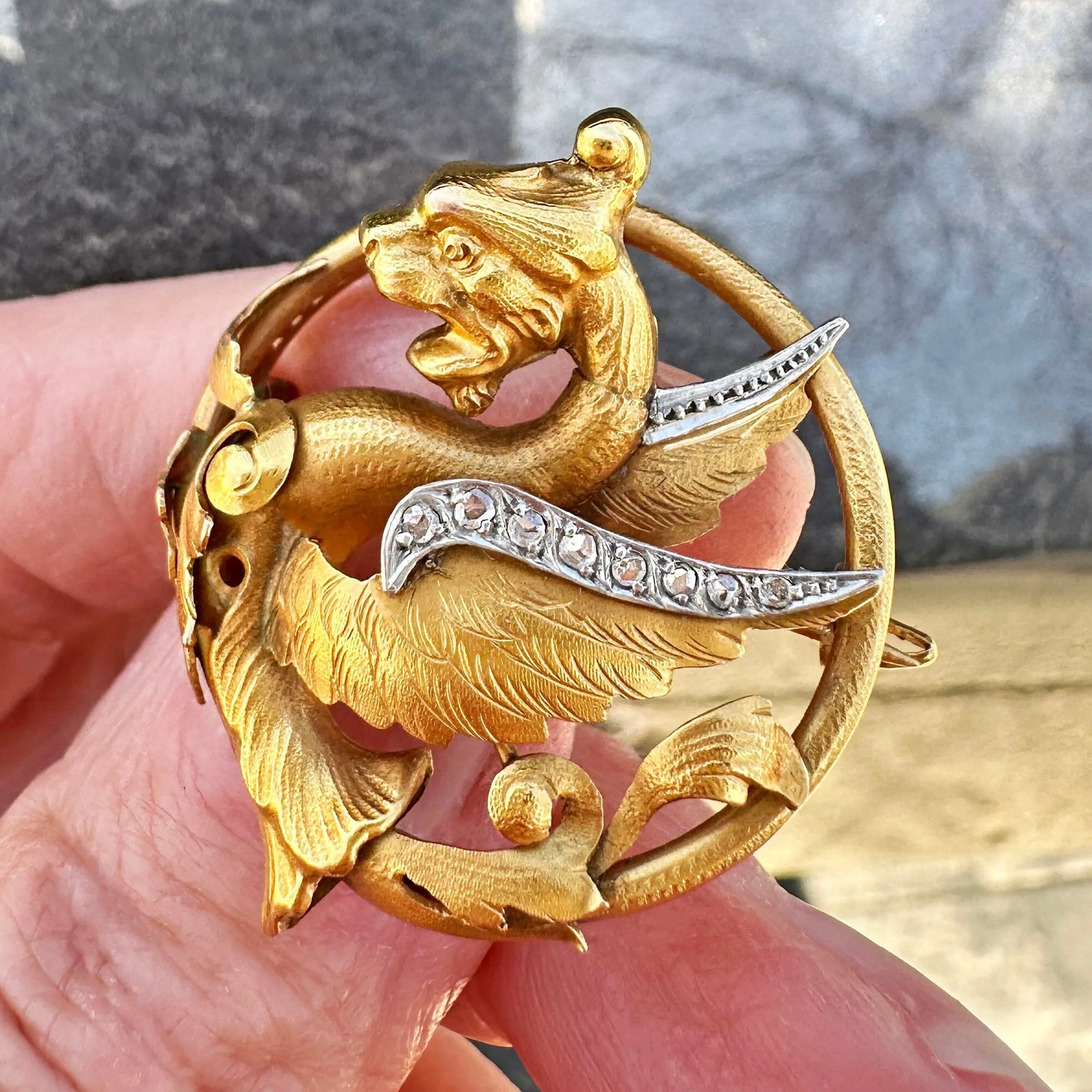 Antique Rose Cut Diamond 18K Gold Griffin Brooch