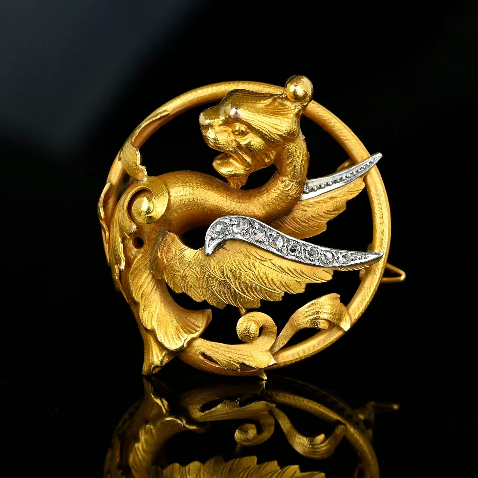 Antique Rose Cut Diamond 18K Gold Griffin Brooch