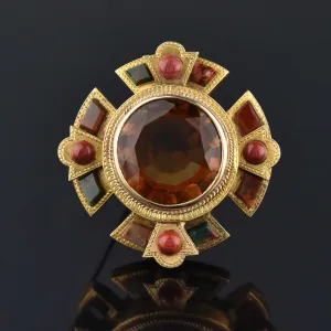 Antique Scottish Agate 20 CTW Citrine Brooch 14K Gold